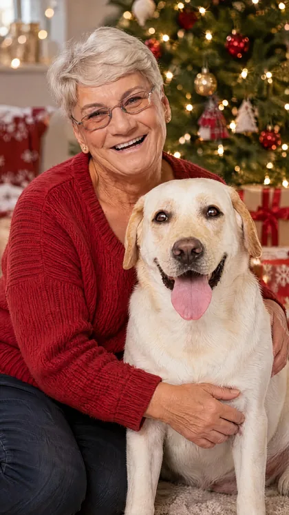 Christmas portrait of owner with labrador