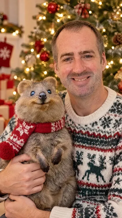 Christmas lights portrait of owner and pet