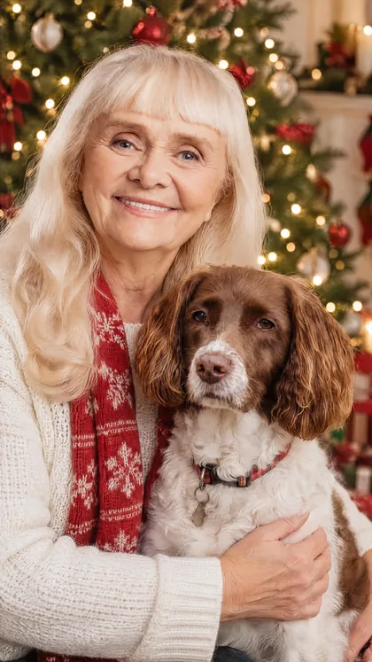 Christmas portrait of owner with spaniel