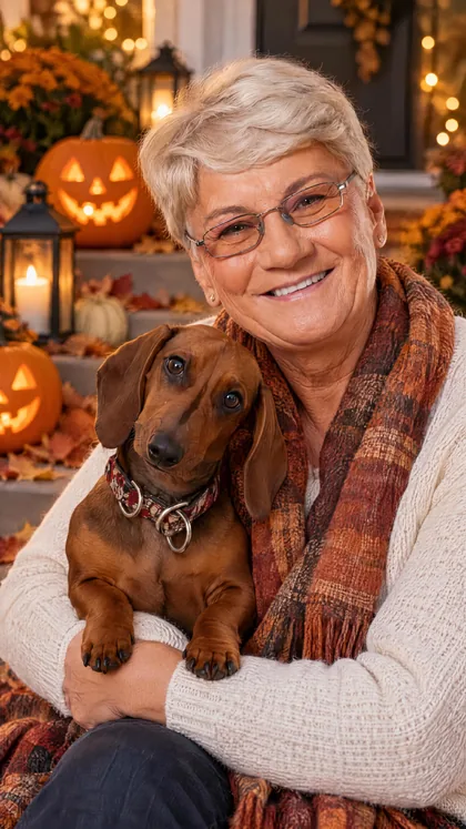 Halloween portrait of owner with dachshund