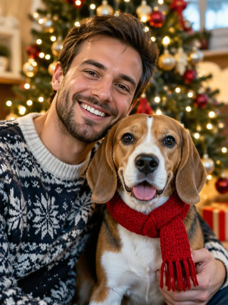 Festive style portrait of a woman and her pet
