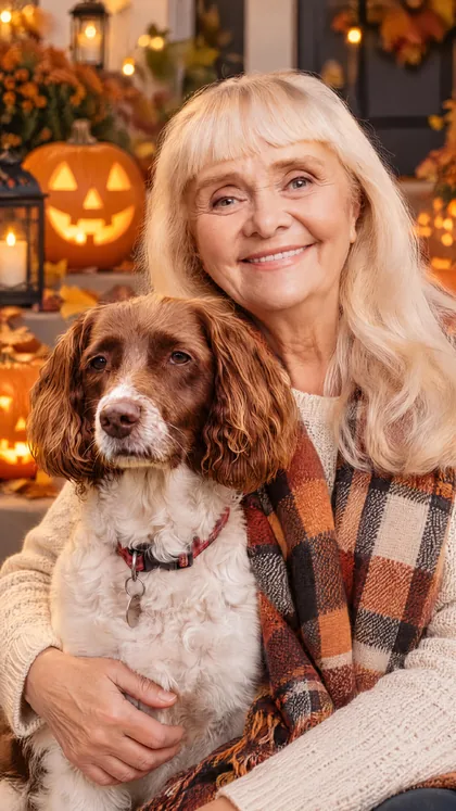 Halloween portrait of owner with spaniel
