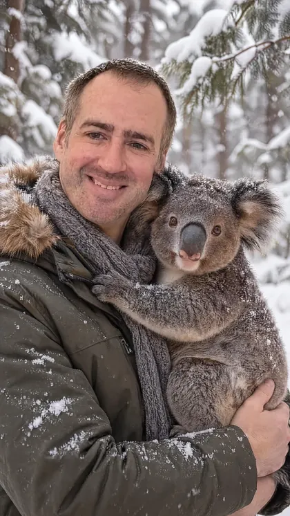 Winter woods portrait of owner and pet