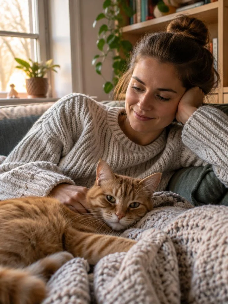 Cosy Home style portrait of a woman and her pet