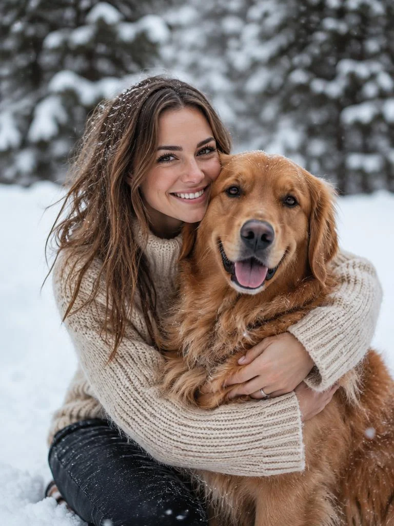 Winter Woods style portrait of a woman and her pet