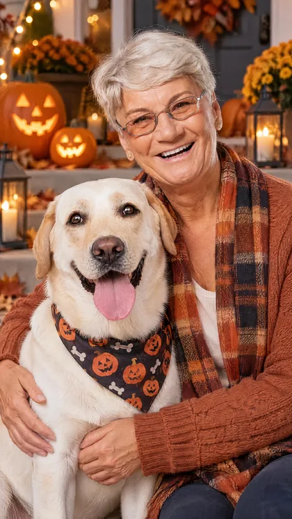 Halloween portrait of owner with labrador