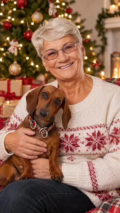 Christmas portrait of owner with dachshund