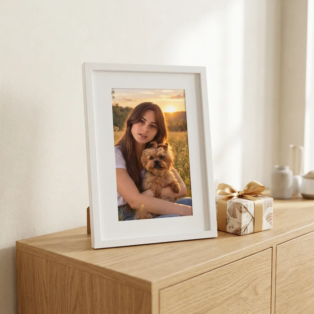 Pet and owner portrait printed in a white photo frame next to a wrapped gift