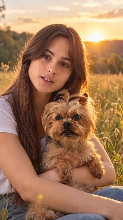 Golden hour portrait of owner and pet