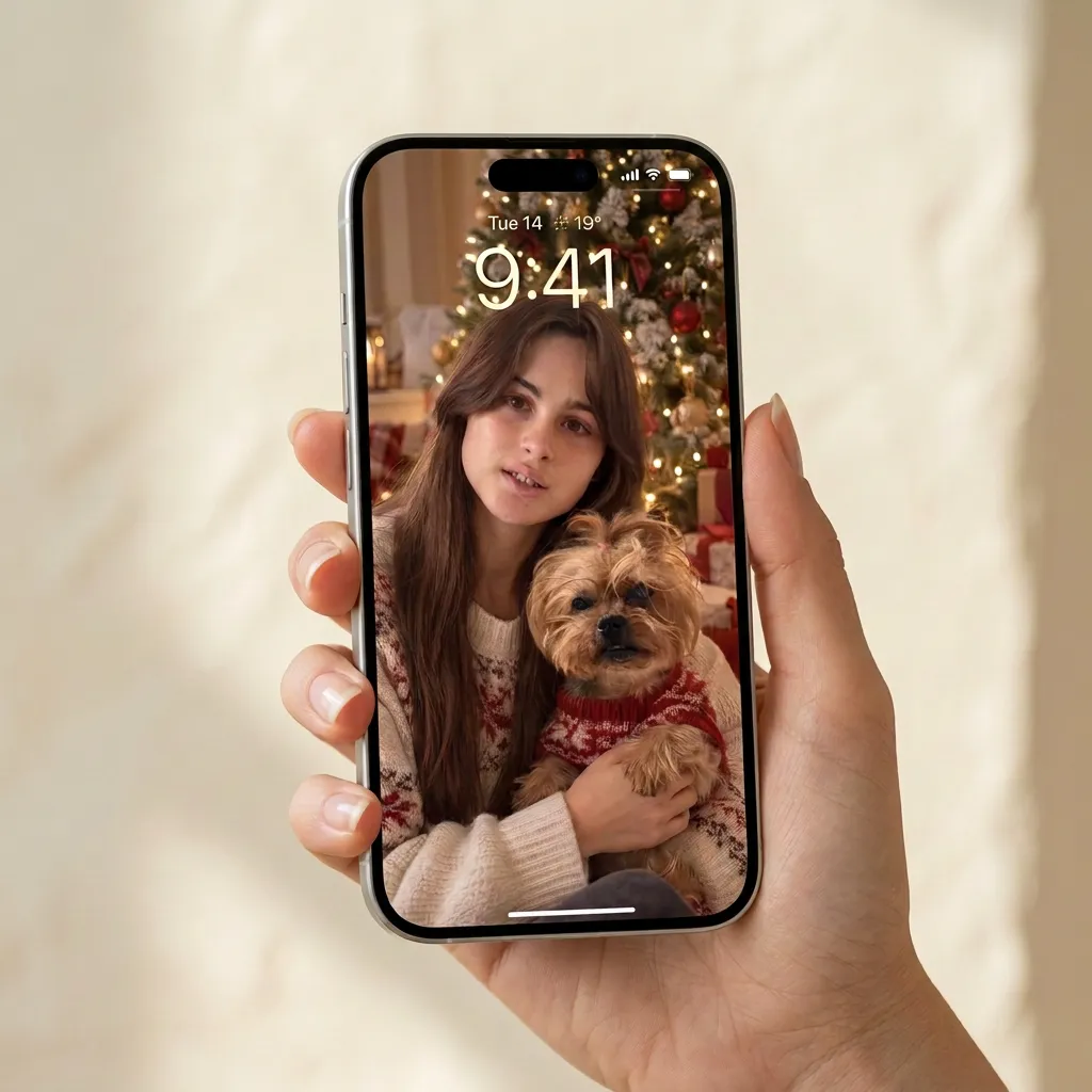 Phone lock screen showing a portrait of a woman holding her dog