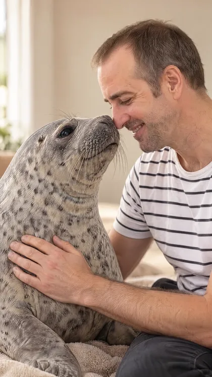 Owner and pet face to face portrait