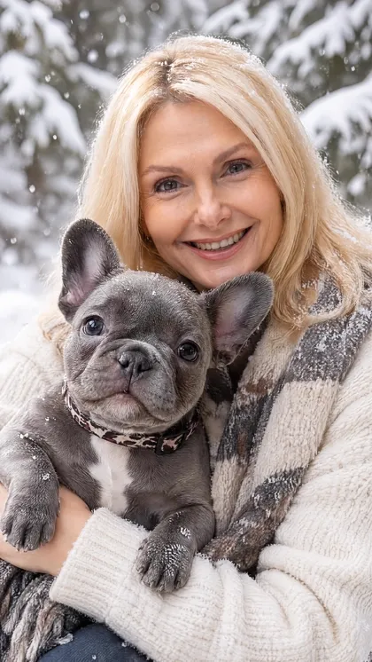 Snowy winter portrait of owner and pet