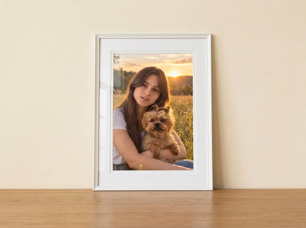 High-res portrait of a woman and her dog in a white frame