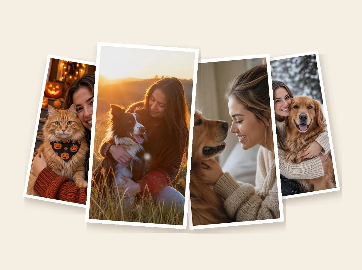 Portrait style prints of women with their pets laid out on a table