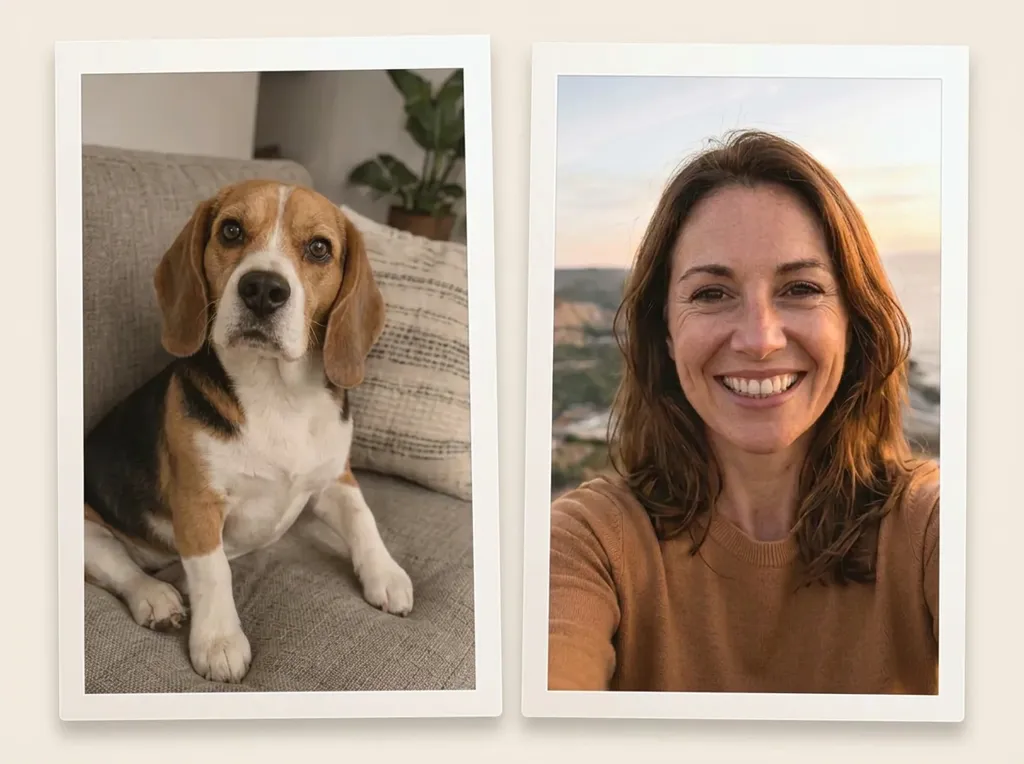 A photo of a pet next to a selfie of its owner