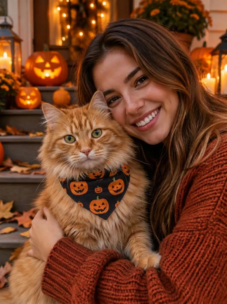 Halloween style portrait of a woman and her pet