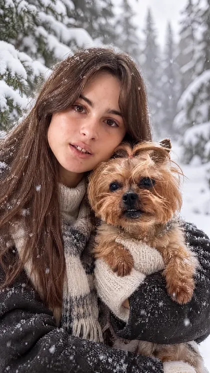 Winter snow portrait of owner and pet